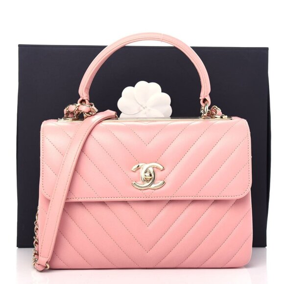Authentic CHANEL Trendy Chevron Lambskin Quilted Dual Handle Flap Bag Pink Tote - Picture 1 of 12